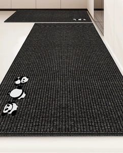 Detail of black non-slip kitchen mat with cute panda patterns and striped texture