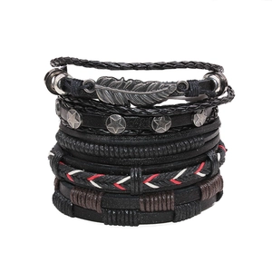 5-piece vintage men's leather bracelet set with braided rope and feather star charms