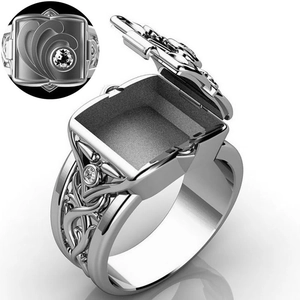 Retro Poison Ring Secret Compartment Alloy Round Zircon Celtic Filigree Lidded Box Jewelry For Men Punk Gothic
