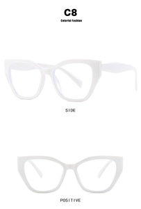 Detailed front and side views of cat-eye white frame glasses with blue light blocking lenses