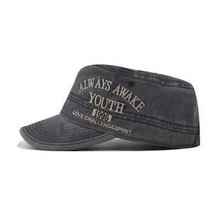 Vintage dark grey washed canvas cadet cap with detailed youth embroidery on side