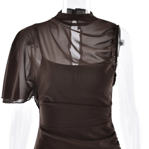 Detail of elegant dark brown chiffon dress featuring asymmetric shoulder and pleated waist