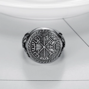 Anello bussola vichinga vintage da uomo in acciaio inossidabile con finitura argento