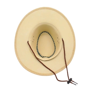 Detail of western cowboy hat interior with reinforced stitching and brown chin strap