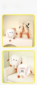 Detail of cute baseball plush toy with classic red stitching and smiley face embroidery