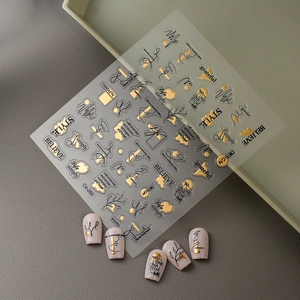 Gold stamping nail stickers with minimalist black lettering and line art model Co-260