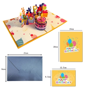 3D musical birthday card set with light, sound, blue envelope, and size details