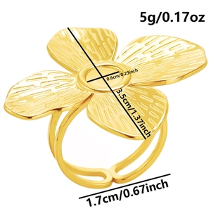 Vue détaillée de la bague fleur en acier inoxydable 304 dorée avec tailles et poids