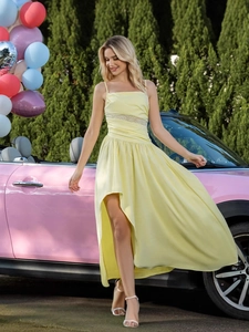 Pale yellow sleeveless mesh sling maxi dress with lace waist and asymmetrical hem