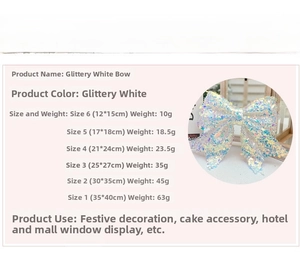 Size chart for iridescent white bowknots showing dimensions and weights for holiday decor