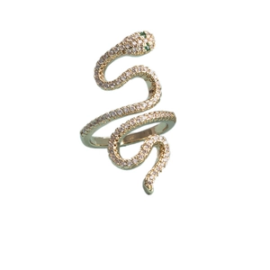 Golden snake-shaped open ring with sparkling white zircons and green gemstone eyes