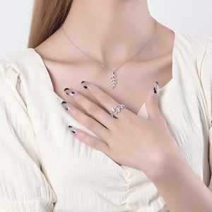 S925 sterling silver leaf necklace and ring set with micro-pave crystals for women