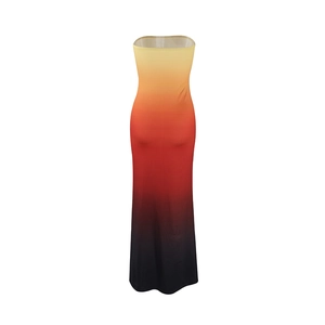 Detailed close-up of a slim-fit tube maxi dress with a vibrant sunset gradient color scheme