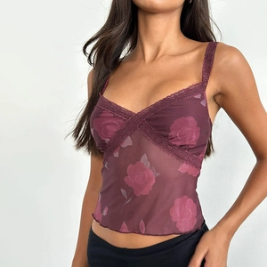 Débardeur Cami En Maille Florale Col En V Garniture En Dentelle Transparent Sexy Imprimé Rose Sans Manches Coupe Ajustée Streetwear