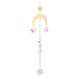 Detail of moon and star suncatcher with holographic crystal prism and gold metal