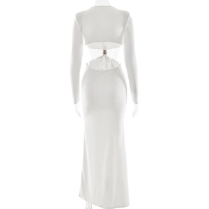 Detail of the elegant white long sleeve dress with backless design and metal ring buckle