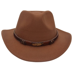 Detail of tan felt wide-brim cowboy hat with beaded band and gold feather pendant