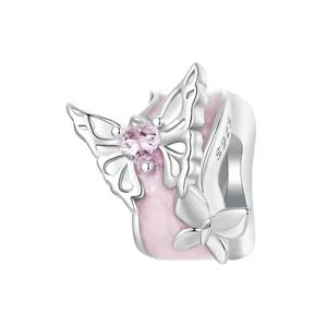 Pink butterfly bead in S925 sterling silver with heart zircon for DIY bracelets