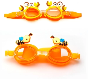 Detail view of TPE cartoon children swimming goggles in crab and bee animal designs