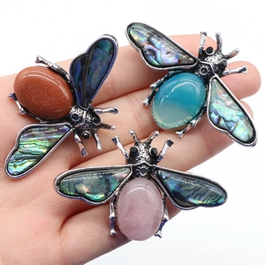 Bee brooches with agate, quartz and abalone shell in silver metal frames set of 3