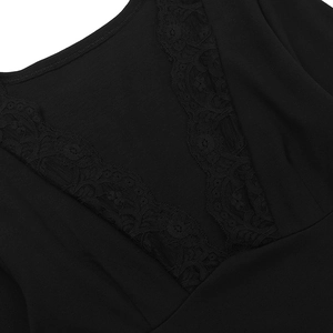 Detail of delicate black lace trim on V-neck neckline with premium knitted texture