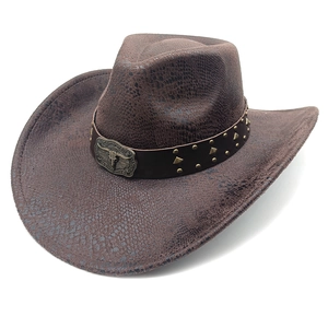 Western Cowboy Hat Retro Suede Texture Wide Brim Fedora With Bull Head Buckle Leather Band Rivets Ethnic Style Men Women