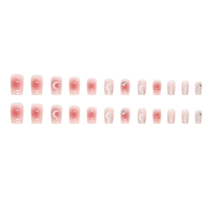 Faux ongles dégradés blush rose avec motifs lune et strass, ensemble de 24 pièces