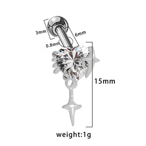 Macro view of heart-shaped zircon cross earring showing 6mm pin length and 3mm ball diameter