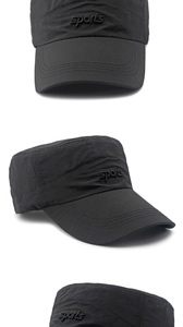 Macro details of black sports flat top military cap with embroidery and quick-dry texture