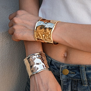 Hammered Metal Cuff Bracelet Wide Irregular Wrinkle Texture Open Arm Band Minimalist Modern Jewelry For Women Men