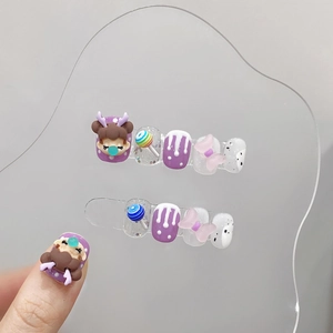 Faux Ongles Faits Main 3D Cartoon Fille Sucette Noeud Décoration Doux Violet Rose Ongles Artificiels Style Y2K