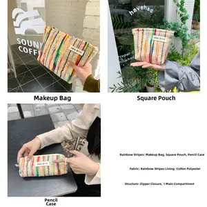 Close-up of rainbow striped knit cosmetic bags featuring durable zipper and inner lining