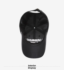 Detail view of the black cotton baseball cap interior showing stitching and sweatband