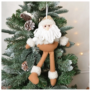 Plush Santa Claus ornament with long legs hanging on a decorated Christmas tree