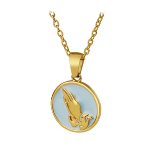 Gold-toned stainless steel praying hands round pendant necklace on a clean white background