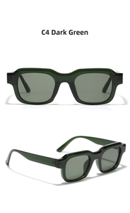Detail view of dark green Y2K rectangle sunglasses with thick acetate frames