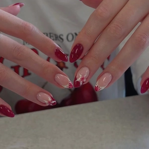 French Burgundy Red Press On Nails With 3D Floral Design Handmade Almond Shape False Nails Full Cover Manicure Set For Women