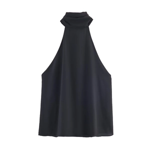 Sleeveless halter neck top for women in deep black with elegant pleated high collar design