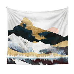 Detail of artistic mountain landscape tapestry featuring gold foil and watercolor texture