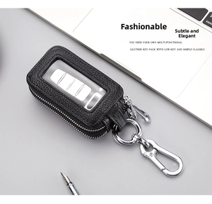 Detail of black lychee grain leather car key pouch with transparent TPU window and hook