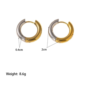 Detail view of 2cm two-tone 18k gold plated stainless steel hoop earrings with dimensions