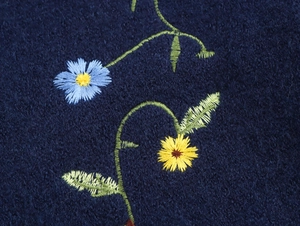 Detailed view of floral embroidery with blue and yellow flowers on a navy knit cardigan