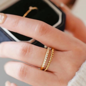 Double-layer gold plated eternity ring with cubic zirconia and twisted rope design