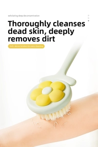 Detail of soft dense bristles on flower-shaped bath brush for exfoliating skin