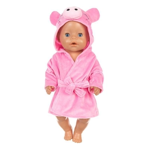 Pink plush pig-themed hooded bathrobe for 18-inch girl dolls on a clean white background