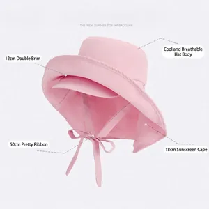 Pink wide brim sun hat with neck flap and decorative bow for outdoor UV protection