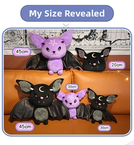 Plush bat toy size guide showing 45cm, 30cm, and 20cm options on a sofa