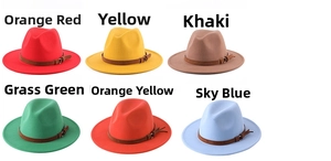 Selection of wide brim wool fedora hats in vibrant colors with leather decorative bands