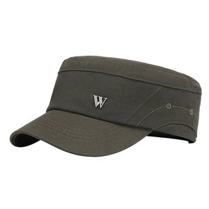 Olive green cotton flat top military cap with metal logo for outdoor sun protection