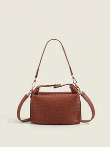 Woven PU Leather Crossbody Bag With Detachable Shoulder Strap Solid Color Small Handbag For Women Daily Casual
